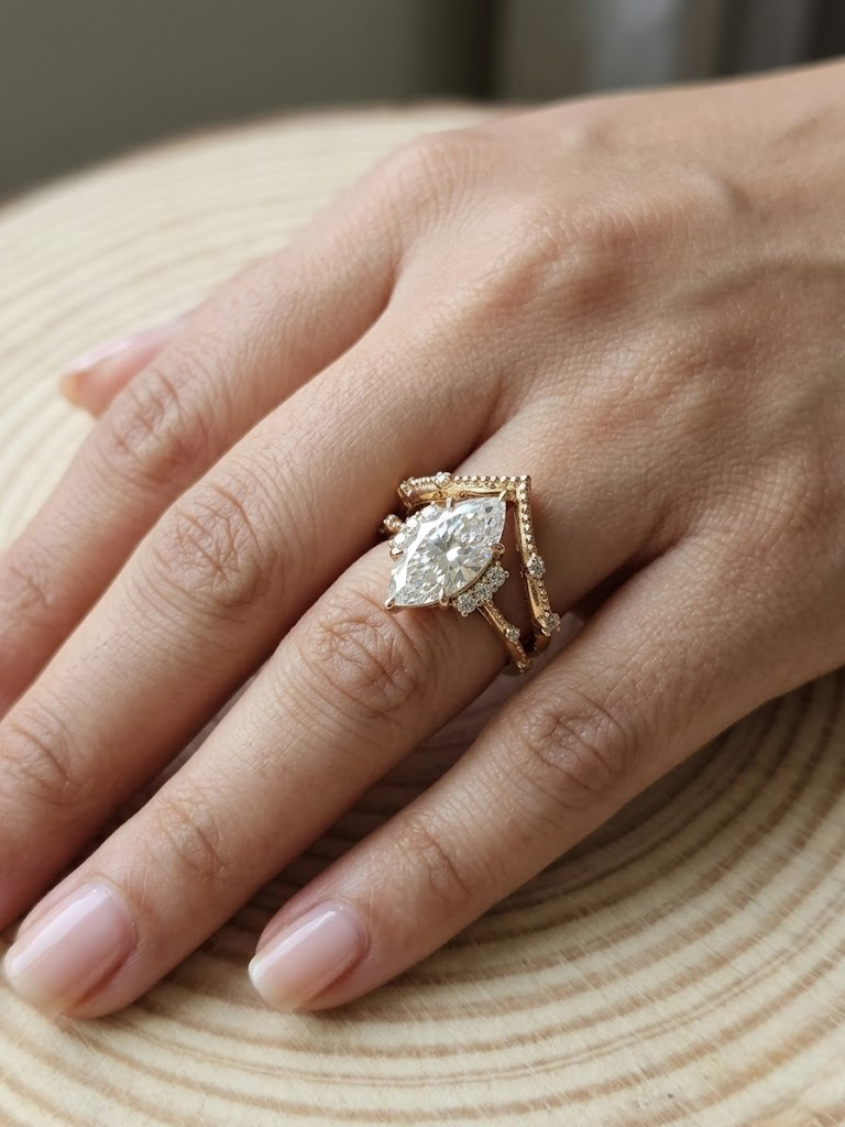 Unique Marquise Moissanite Engagement Ring Double Band Chevron Style Ring