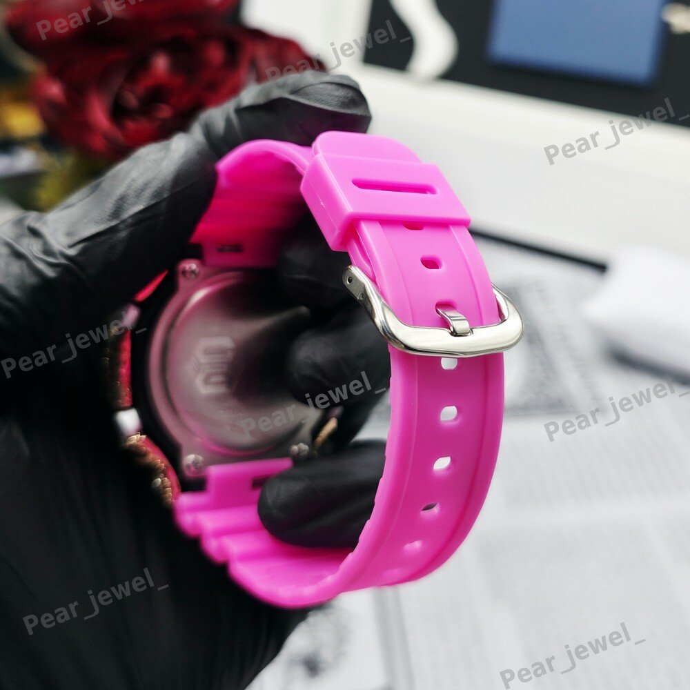 Round Cut VVS Moissanite Pink Rubber Band Unisex Wear Bust Down Watch