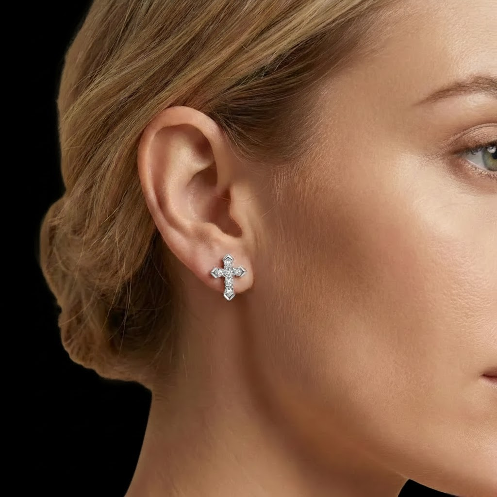 Iced Out Cross Stud Earring VVS Moissanite Diamond Look Silver Jewelry Elegant Shine