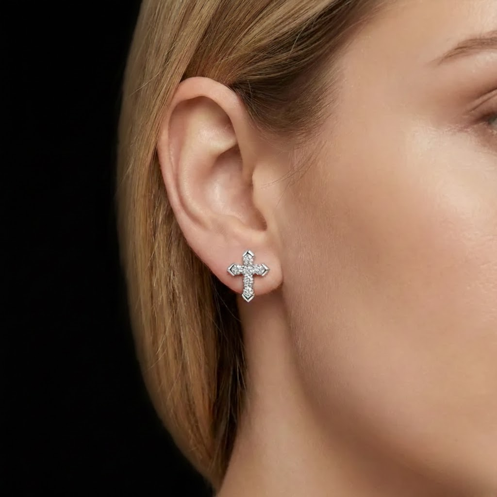 Iced Out Cross Stud Earring VVS Moissanite Diamond Look Silver Jewelry Elegant Shine