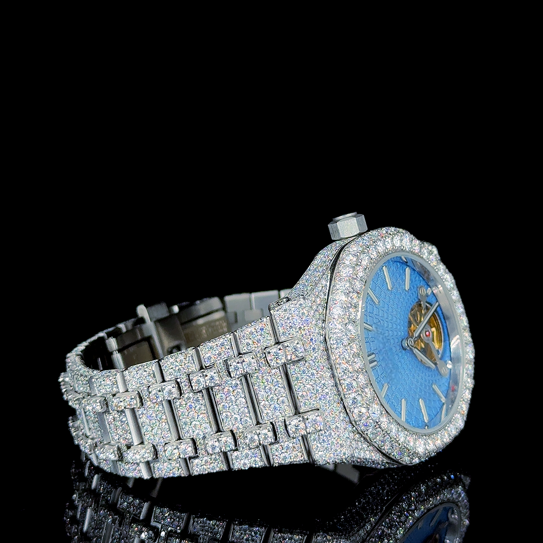 Iced Out Blue Skeleton Dial Moissanite Diamond Stainless Steel Watch