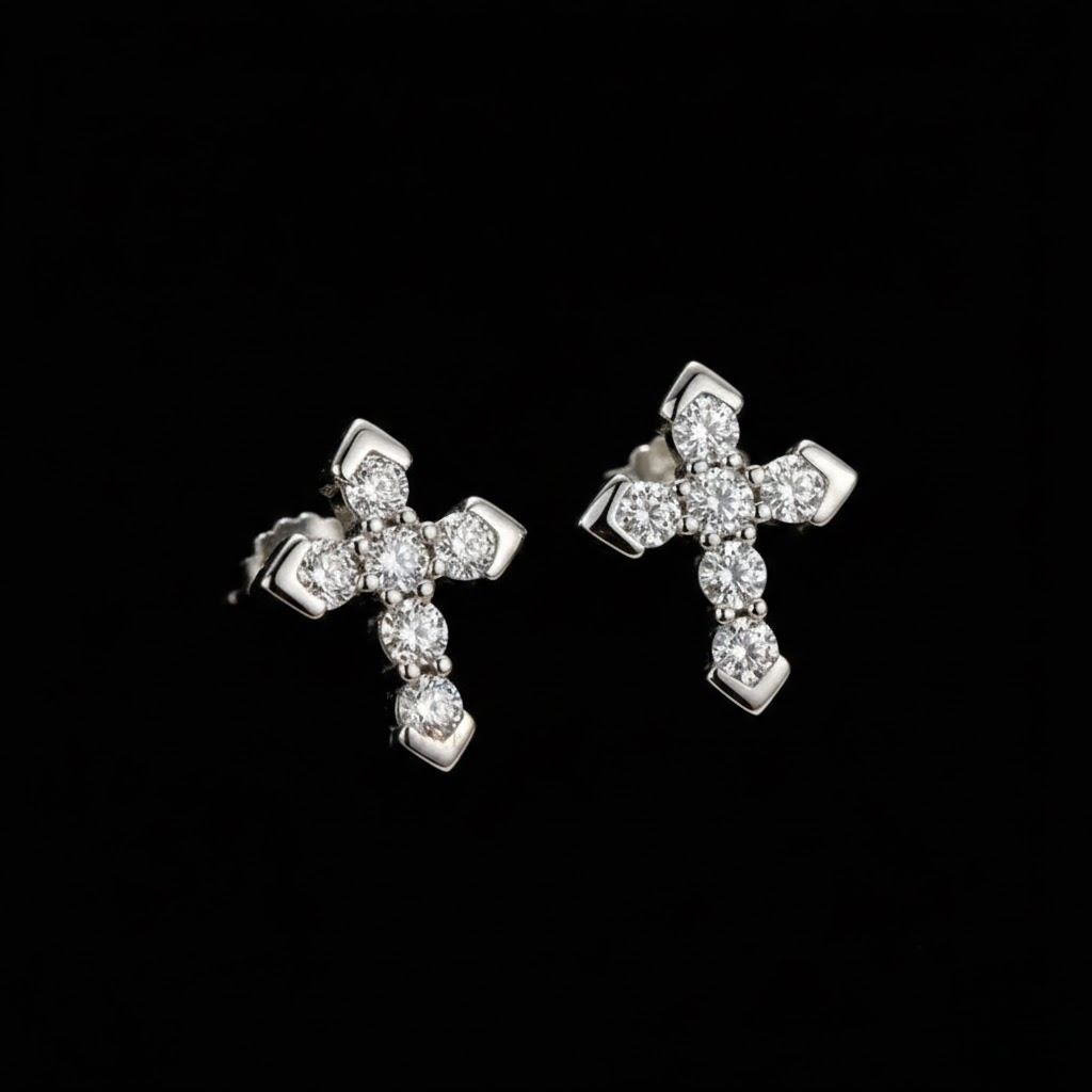 Iced Out Cross Stud Earring VVS Moissanite Diamond Look Silver Jewelry Elegant Shine