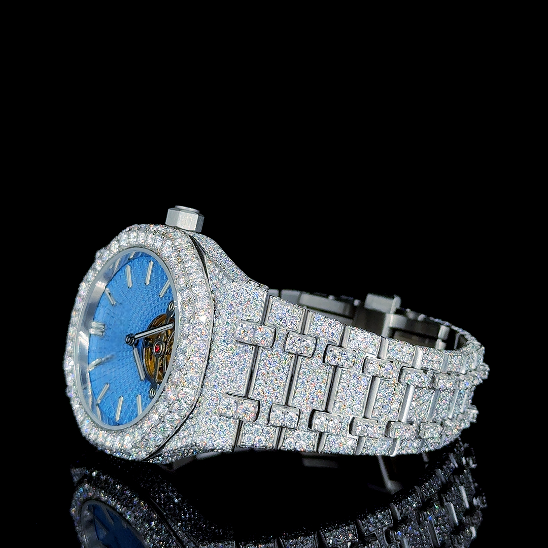 Iced Out Blue Skeleton Dial Moissanite Diamond Stainless Steel Watch