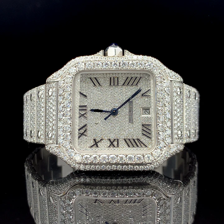 Iced Out Stainless Steel with Roman Dial Diamond Watch