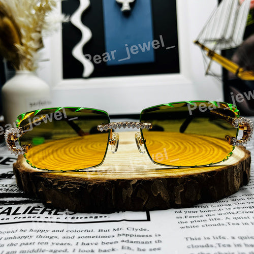 Hip Hop Moissanite Diamond Green Grediant Glasses Iced Out Hip Hop Luxury Statement Sunglasses