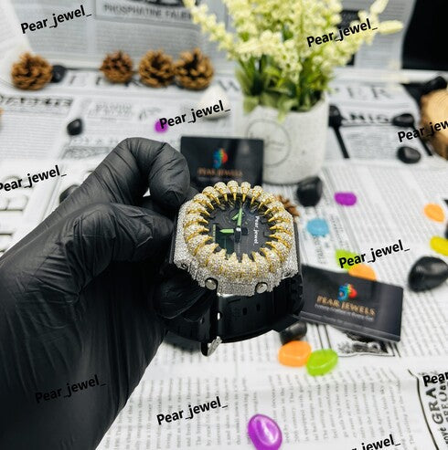 Iced Out Moissanite Diamond With Black Dial Analog-Digital HipHop Watch