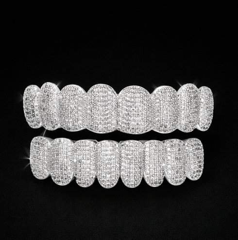 Silver Iced Out Grillz Moissanite Diamond Hip Hop Teeth Caps