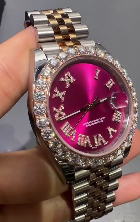 Stainless Steel Iced Out VVS Moissanite Diamond Pink Dial Watch