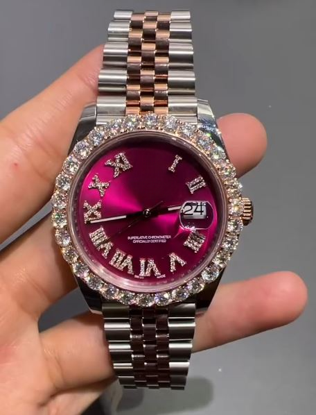 Stainless Steel Iced Out VVS Moissanite Diamond Pink Dial Watch