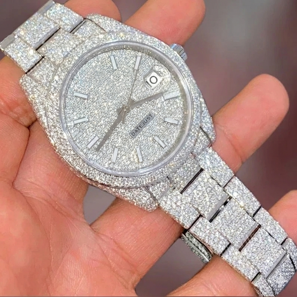 Iced Out Stainless Steel Watch VVS Moissanite Diamond Wrist Watch