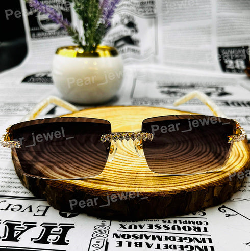 Luxury Iced Out Moissanite Diamond Rimless Glasses 925 Silver Brown Gradient Lens Sunglasses