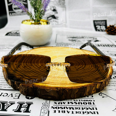 Iced Out Silver Rimless Sunglases Moissanite Diamond Brown Lens For Eyewear