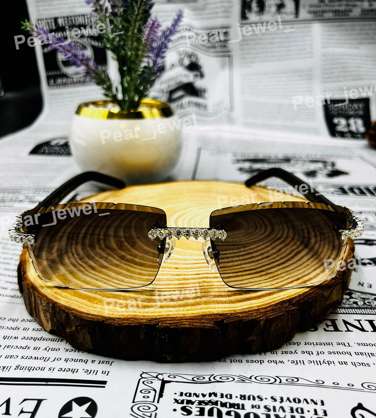Moissanite Diamond Iced Out Hip Hop Eyewear Silver Rimless Sunglasses