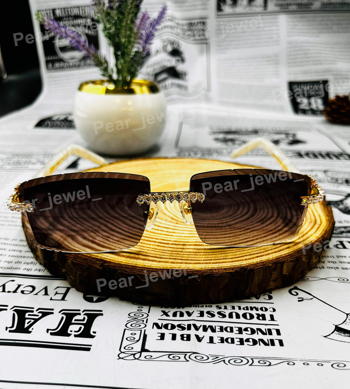 Luxury Iced Out Moissanite Diamond Rimless Glasses 925 Silver Brown Gradient Lens Sunglasses