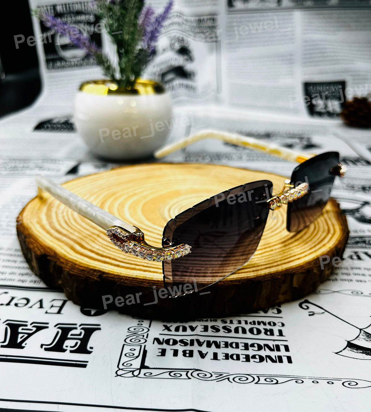 Luxury Iced Out Moissanite Diamond Rimless Glasses 925 Silver Brown Gradient Lens Sunglasses