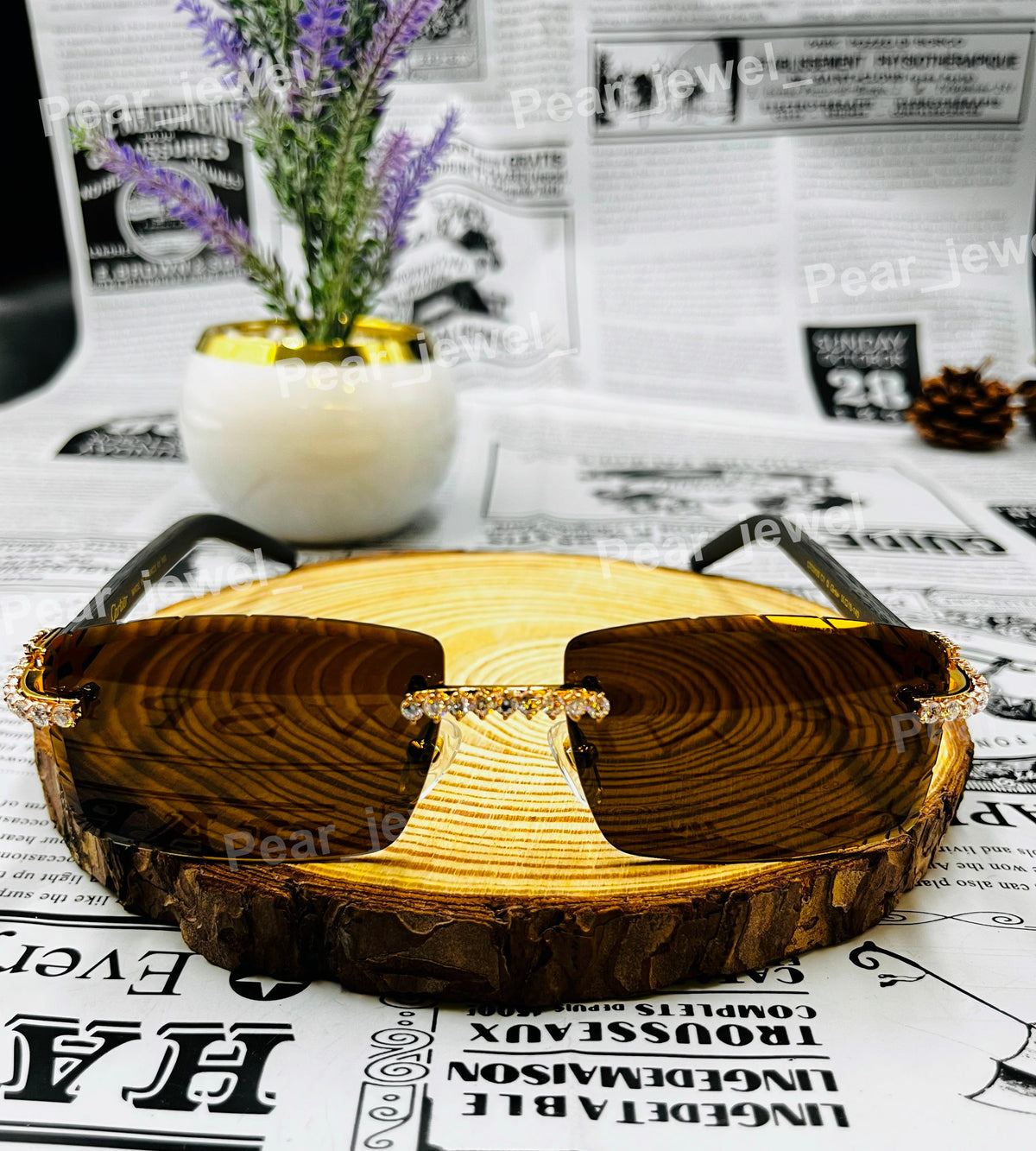 Iced Out Silver Rimless Sunglases Moissanite Diamond Brown Lens For Eyewear