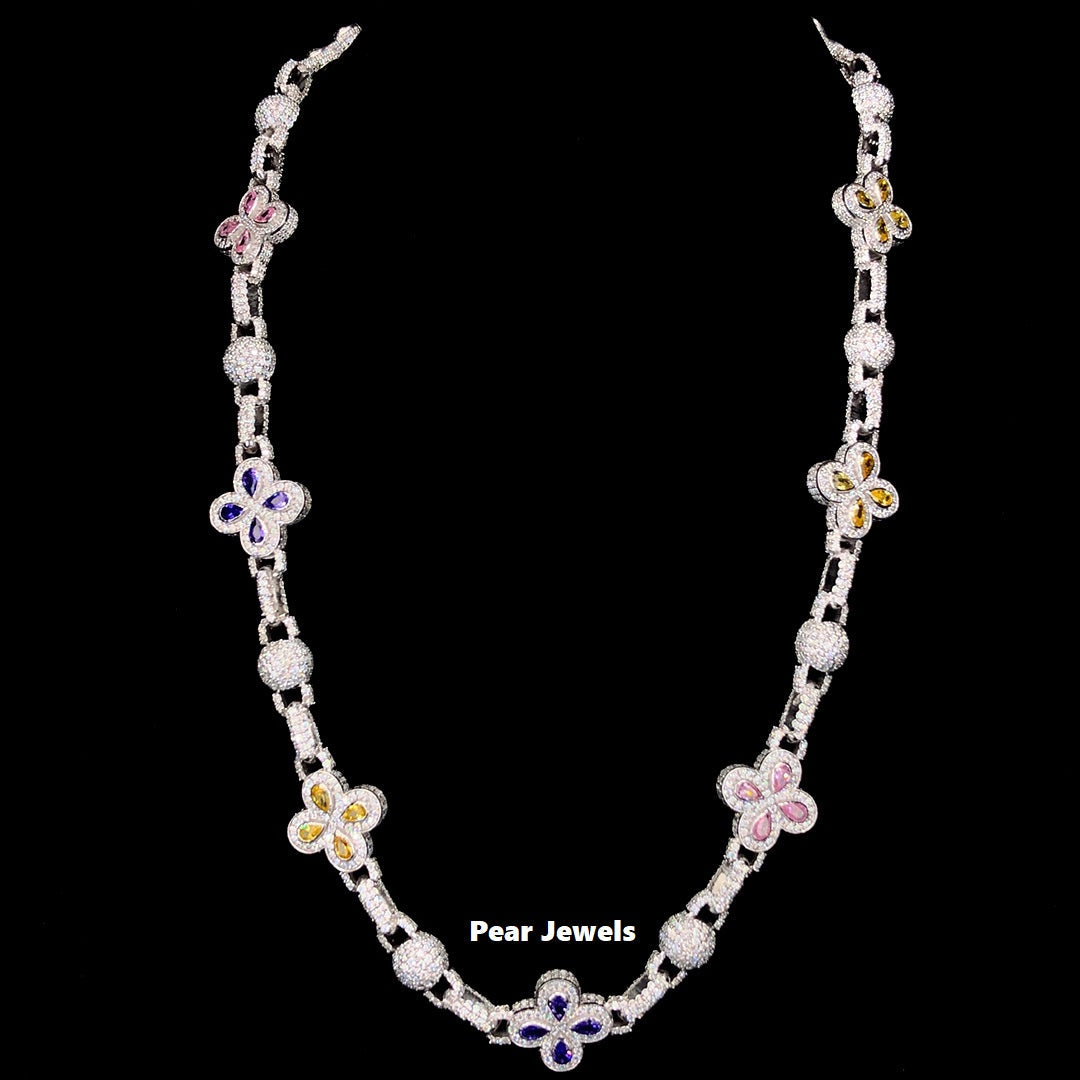 Luxury Floral Design Necklace With Multicolor 925 Silver Moissanite Diamond