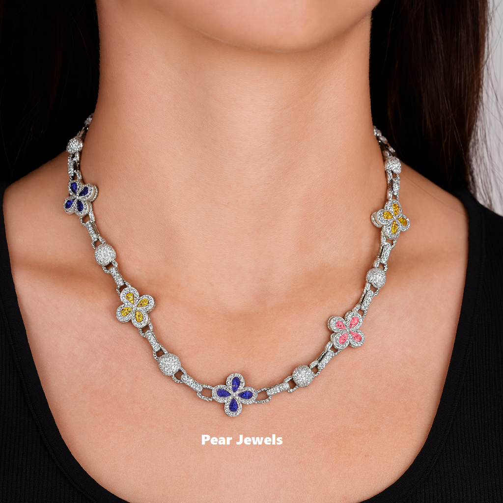 Luxury Floral Design Necklace With Multicolor 925 Silver Moissanite Diamond
