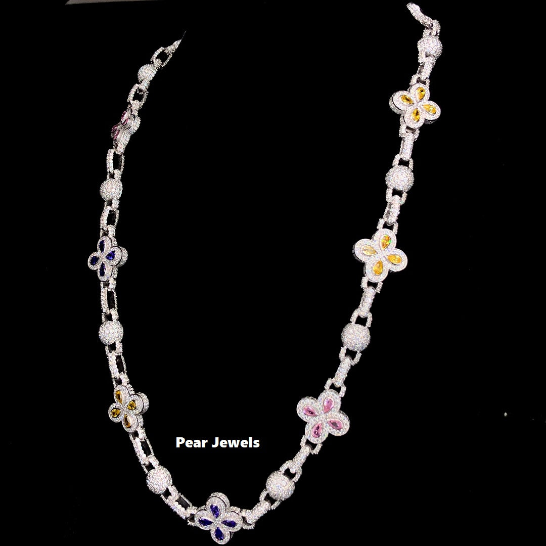 Luxury Floral Design Necklace With Multicolor 925 Silver Moissanite Diamond