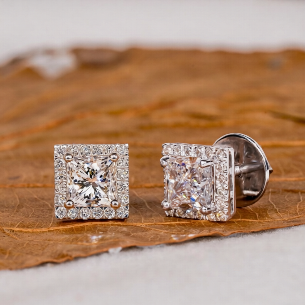 Princess Cut Halo Setting 925 Sterling Silver Iced Out VVS Moissanite Diamond Stud Earring