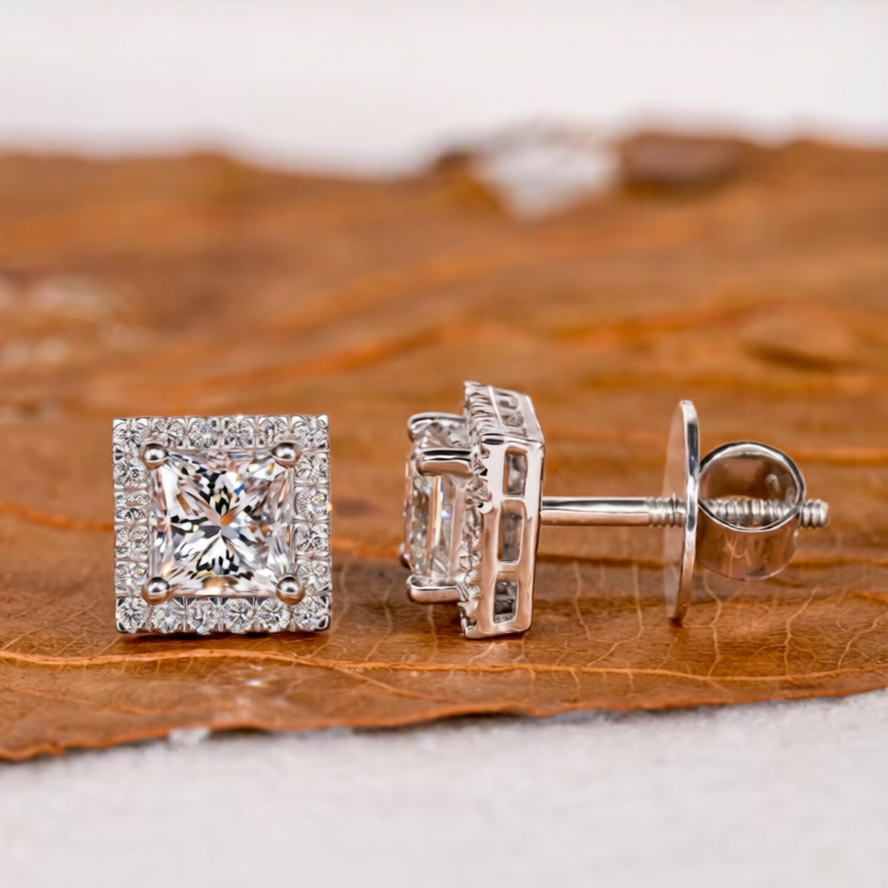 Princess Cut Halo Setting 925 Sterling Silver Iced Out VVS Moissanite Diamond Stud Earring