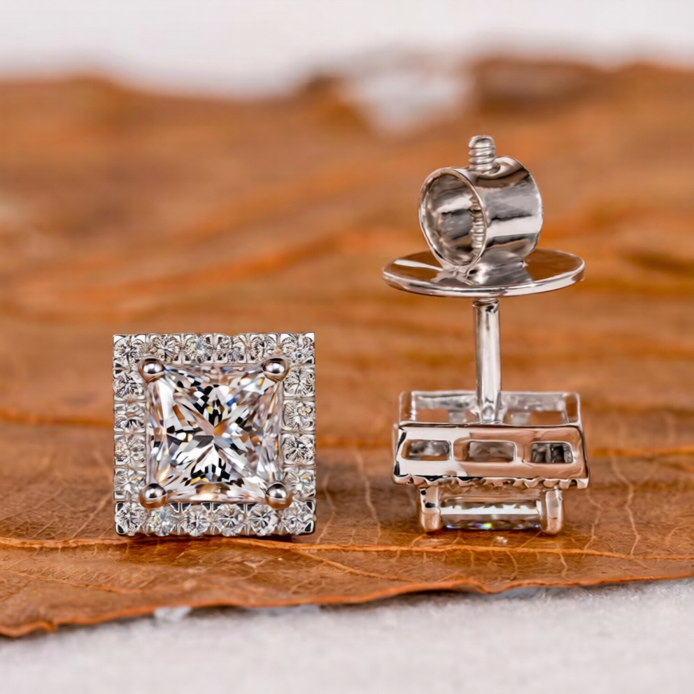 Princess Cut Halo Setting 925 Sterling Silver Iced Out VVS Moissanite Diamond Stud Earring