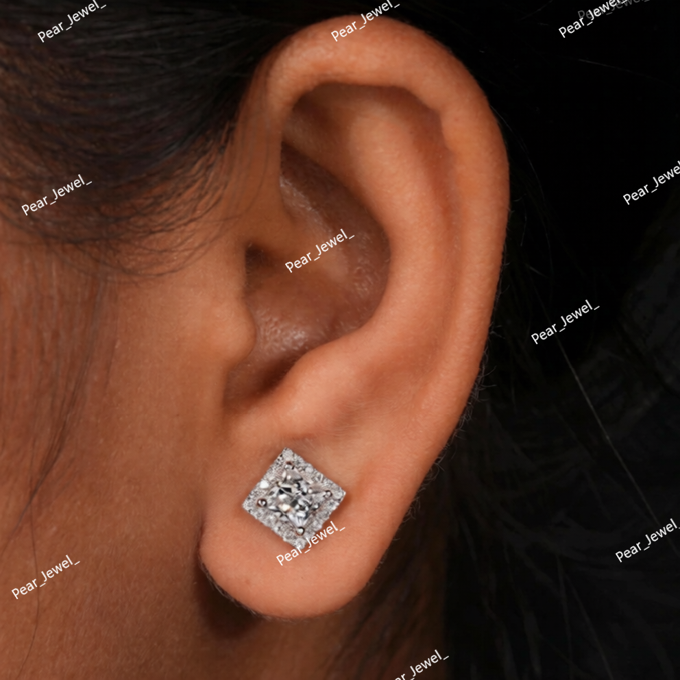Princess Cut Halo Setting 925 Sterling Silver Iced Out VVS Moissanite Diamond Stud Earring