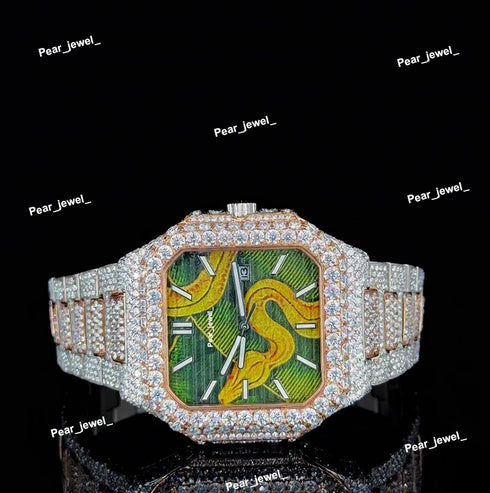 Bust Down Iced Out Snake Dial Moissanite Diamond Stainless Steel Watch