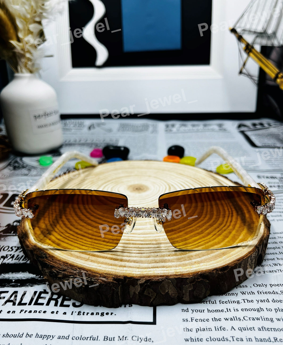 Iced Out Pear Cut Moissanite Diamond Brown Glasses Hip Hop Luxury Statement Sunglasses