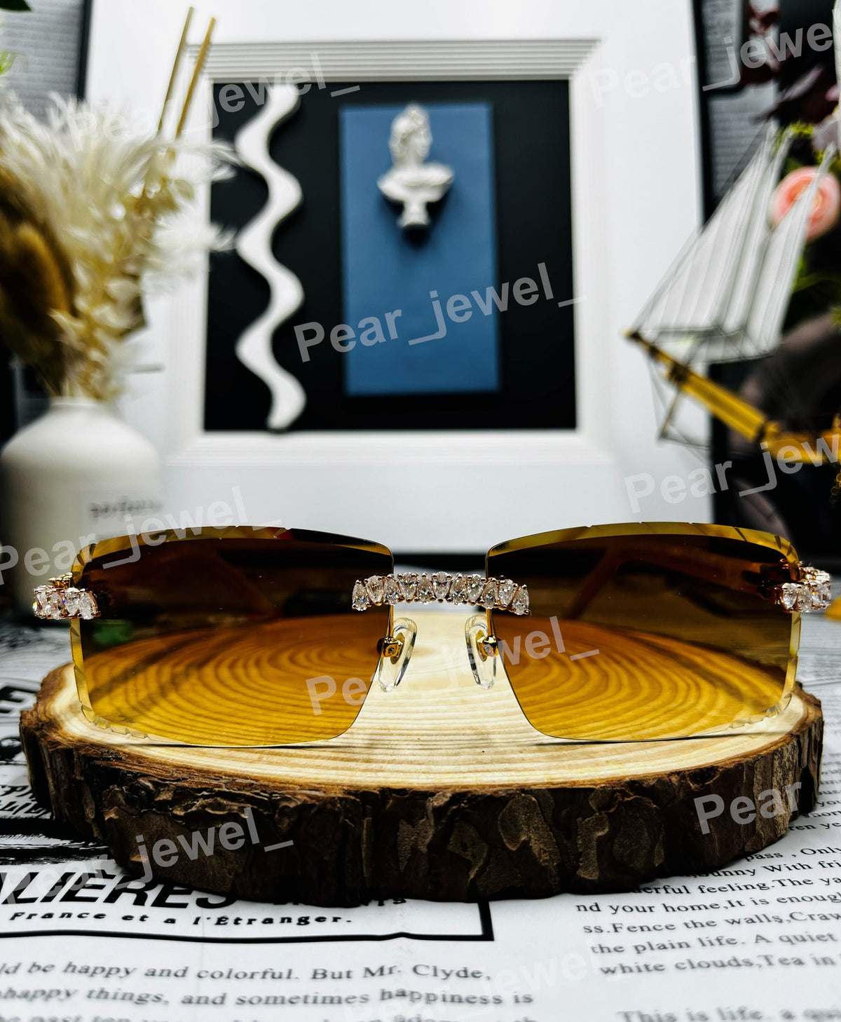 Iced Out Pear Cut Moissanite Diamond Brown Glasses Hip Hop Luxury Statement Sunglasses