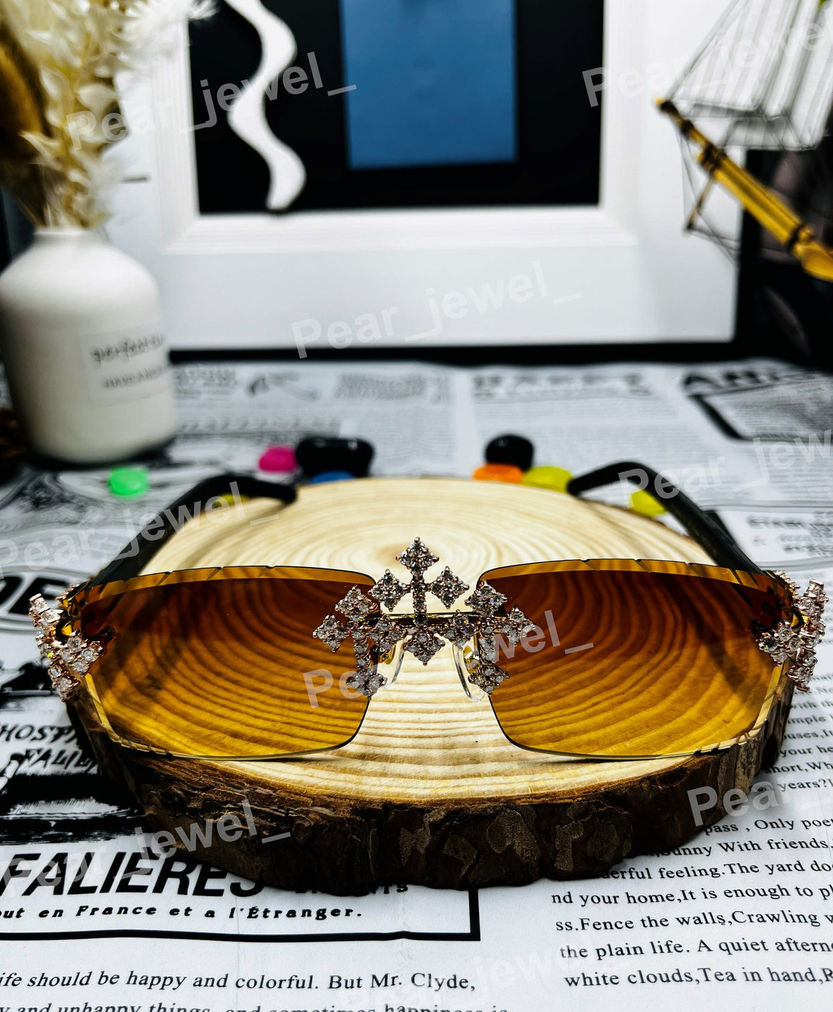 Hip Hop Iced Out Cross Brown Moissanite Diamond Glasses Photochromic Unisex Party Wear Sunglasses