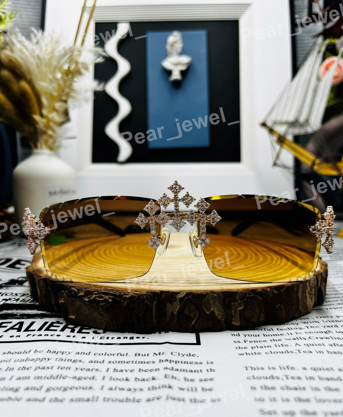 Hip Hop Iced Out Cross Brown Moissanite Diamond Glasses Photochromic Unisex Party Wear Sunglasses