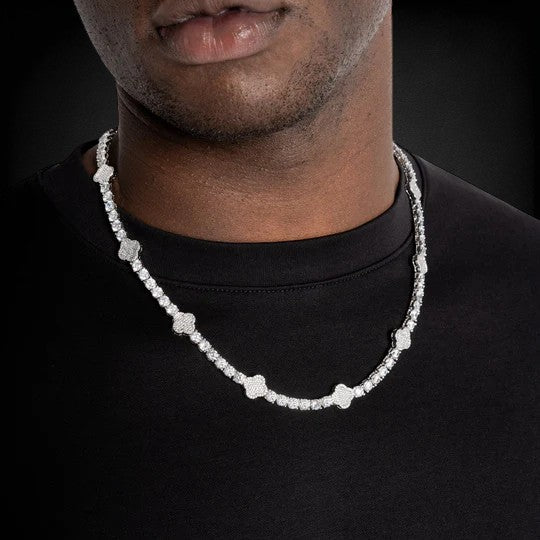 Iced Out 925 Silver Clover Leaf Moissanite Tennis Chain