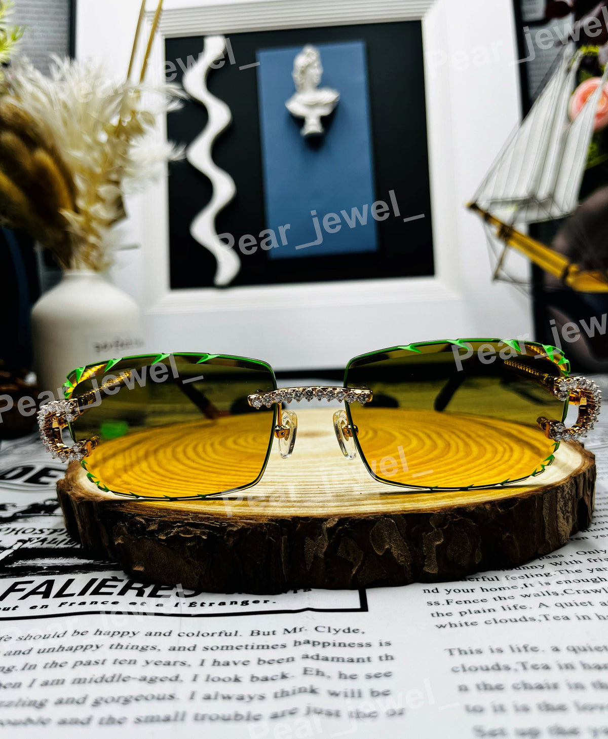 Hip Hop Moissanite Diamond Green Grediant Glasses Iced Out Hip Hop Luxury Statement Sunglasses