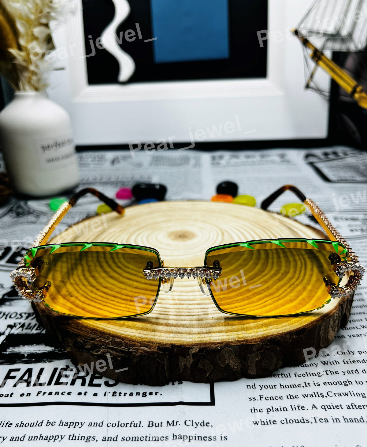 Hip Hop Moissanite Diamond Green Grediant Glasses Iced Out Hip Hop Luxury Statement Sunglasses