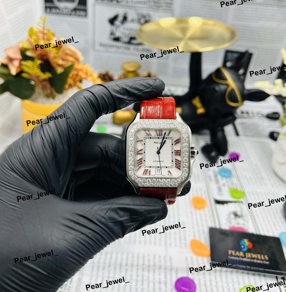 Iced Out Automatic Stainless Steel Watch Red Leather Band