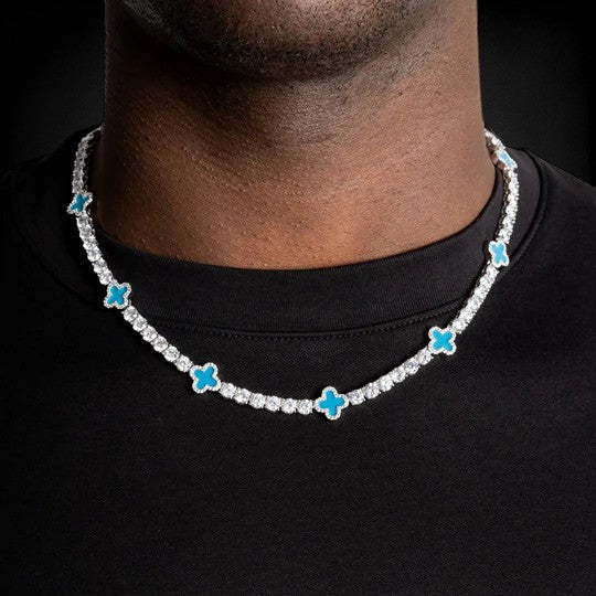 Iced Out 925 Silver Clover Leaf Moissanite Tennis Chain