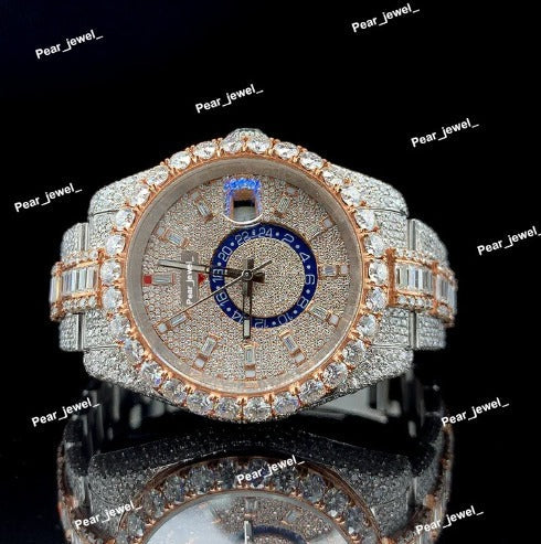 Iced Out Stainles Steel With VVS Moissanite Baguette Diamond Wrist Watch