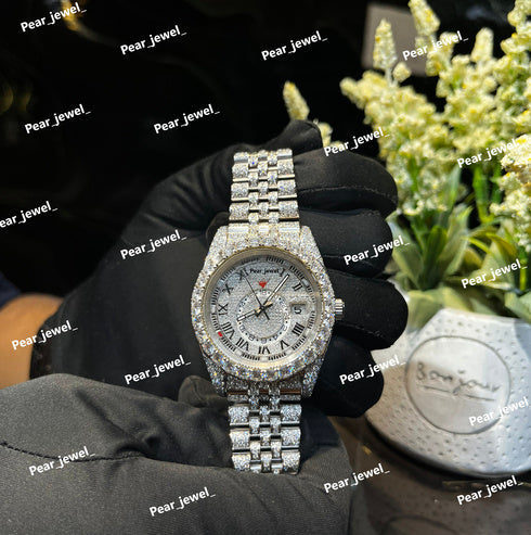 Iced Out Moissanite Diamond Watch Stainless Steel Roman Dial Wrist Watch