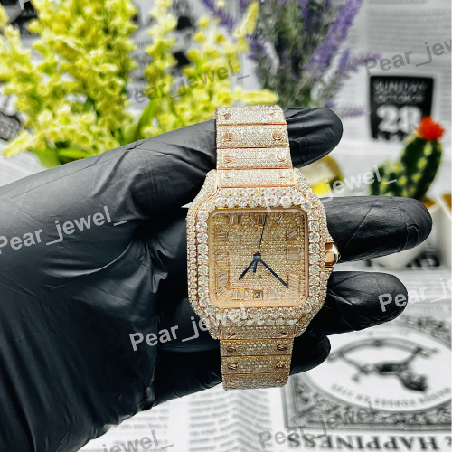 Stainless Steel Iced Out Moissanite Diamond Roman Date Dial Bust Down Watch