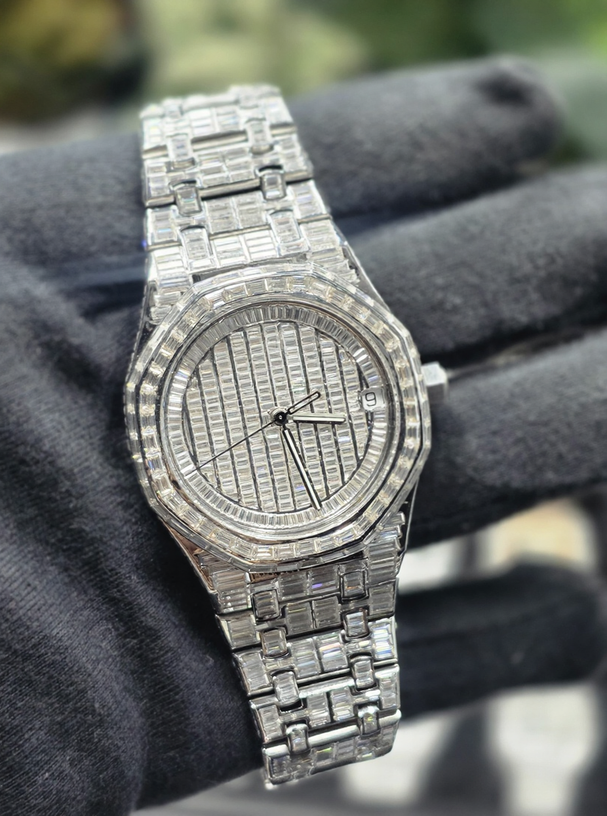 Iced Out VVS Fully Baguette Moissanite Stainless Steel Wrist Watch
