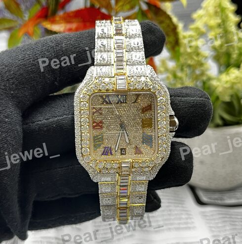 Stainless Steel Roman Case Dial Iced Out VVS Moissanite Diamond Wrist Watch
