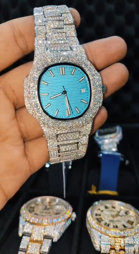 Blue Dial Iced Out Stainless Steel VVS Moissanite Diamond Watch