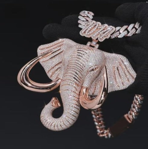 Custom Silver Iced Out Elephant Face Pendant With Moissanite Diamond