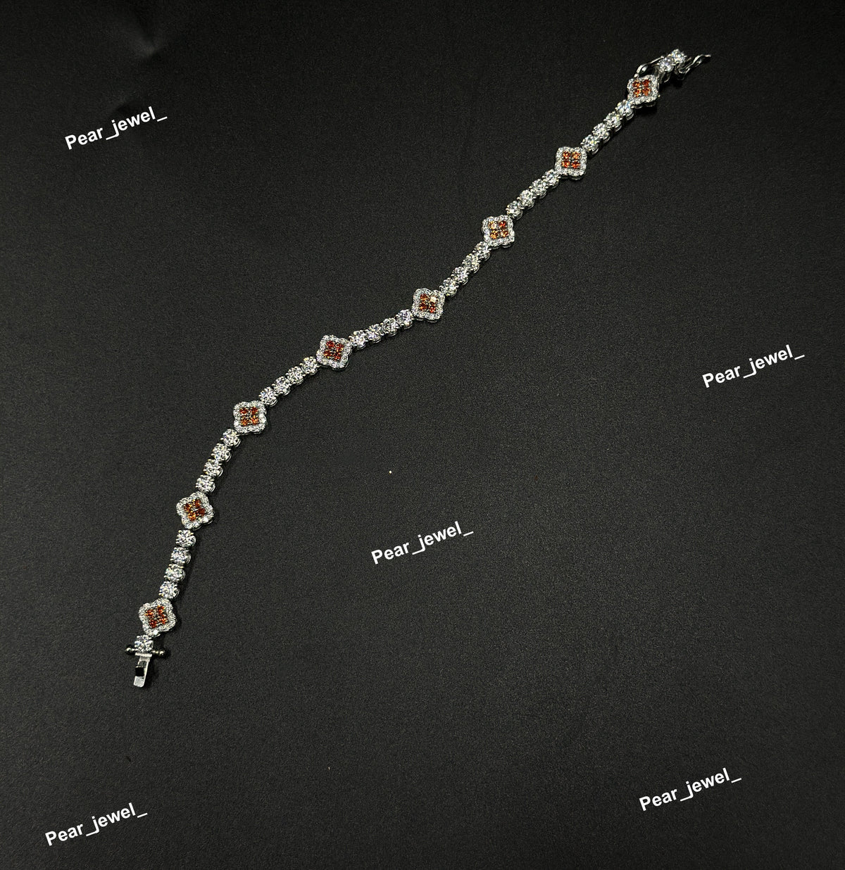 Orange Accent Iced Out Clover Tennis Bracelet Moissanite Diamond Look