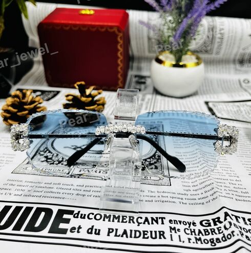 Iced Out Silver Rimless Sunglasses Moissanite Diamond Blue Glasses