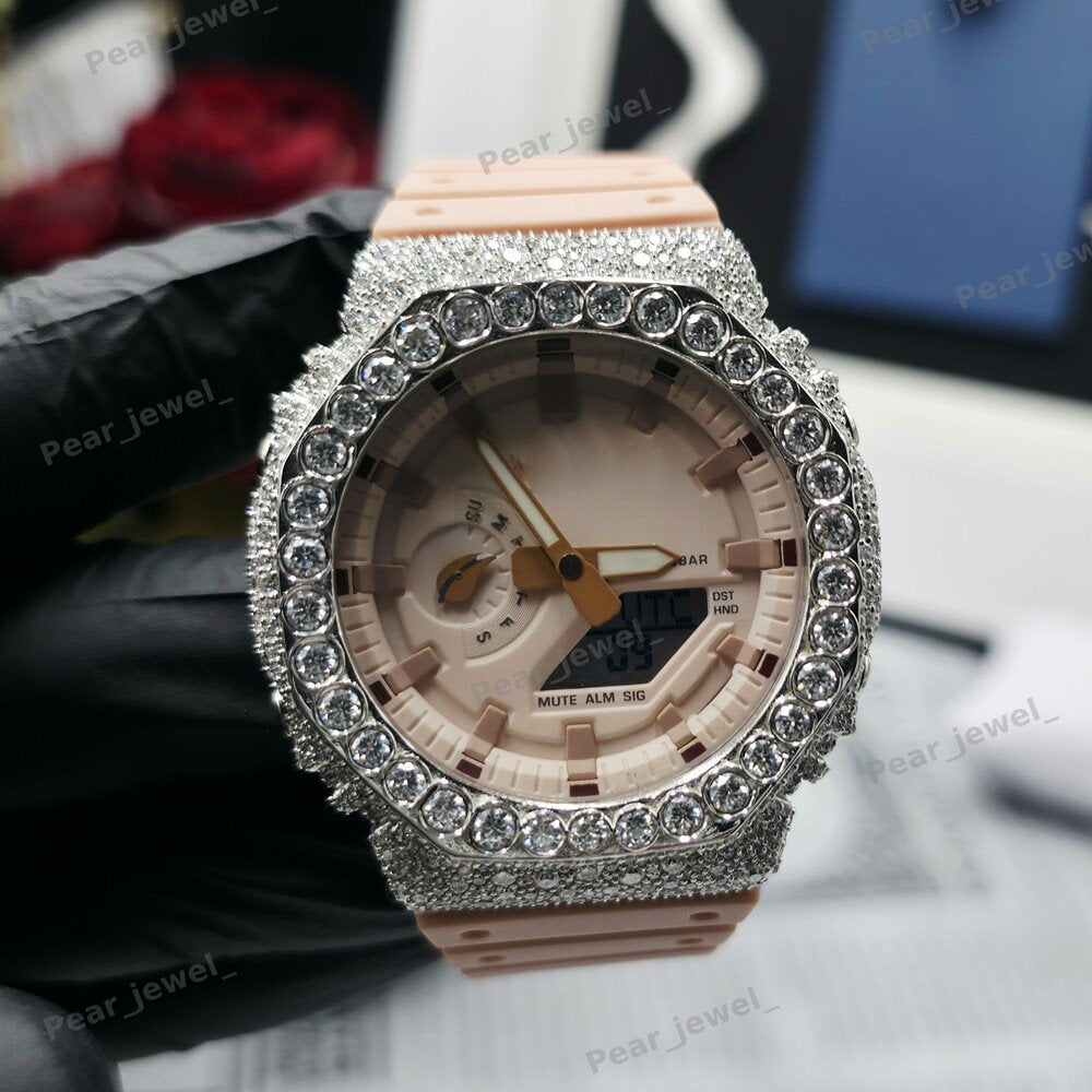 Iced Out Digital Analog Bezel Moissanite Diamond Bust Down Hip Hop Watch
