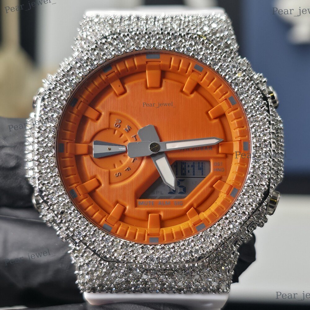 Iced Out Orange Case Dial Round Cut VVS Moissanite Diamond Digital Wrist Watch