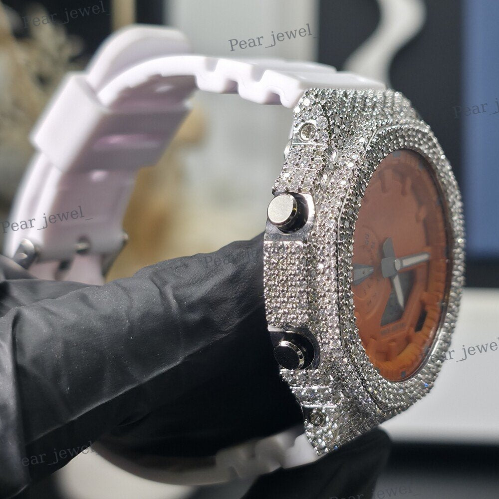 Iced Out Orange Case Dial Round Cut VVS Moissanite Diamond Digital Wrist Watch