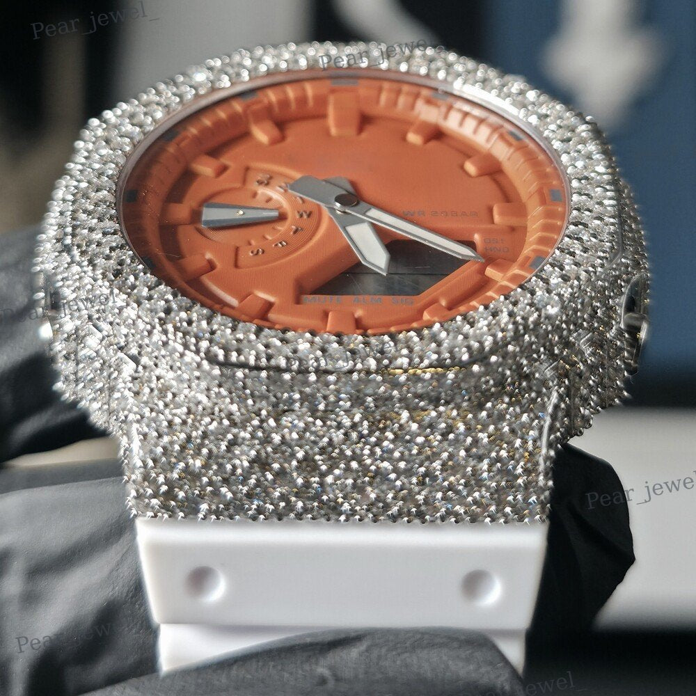 Iced Out Orange Case Dial Round Cut VVS Moissanite Diamond Digital Wrist Watch